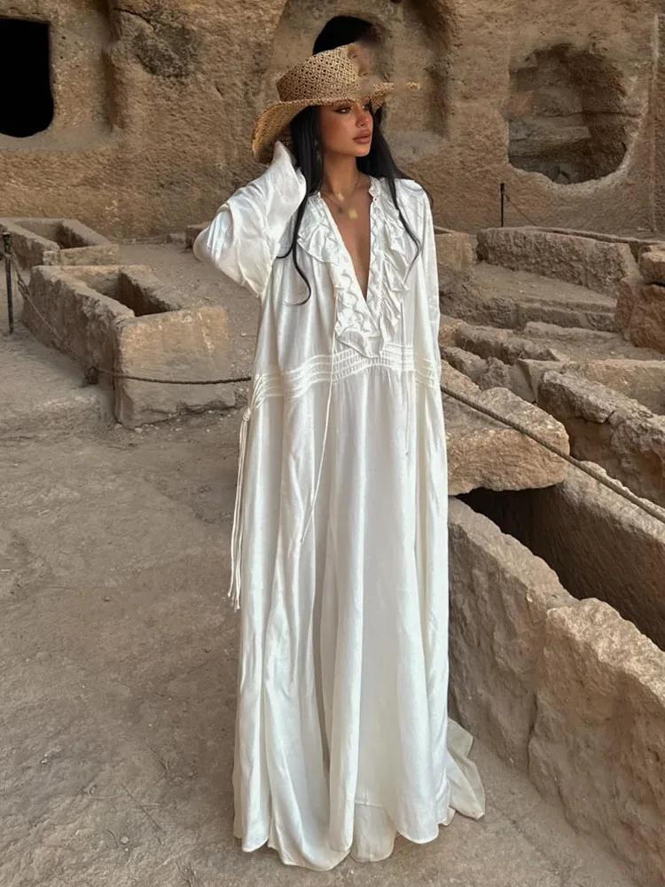 HH – robe longue de plage pour femmes, blanche, col en v, manches longues, bord à volants, décoratio