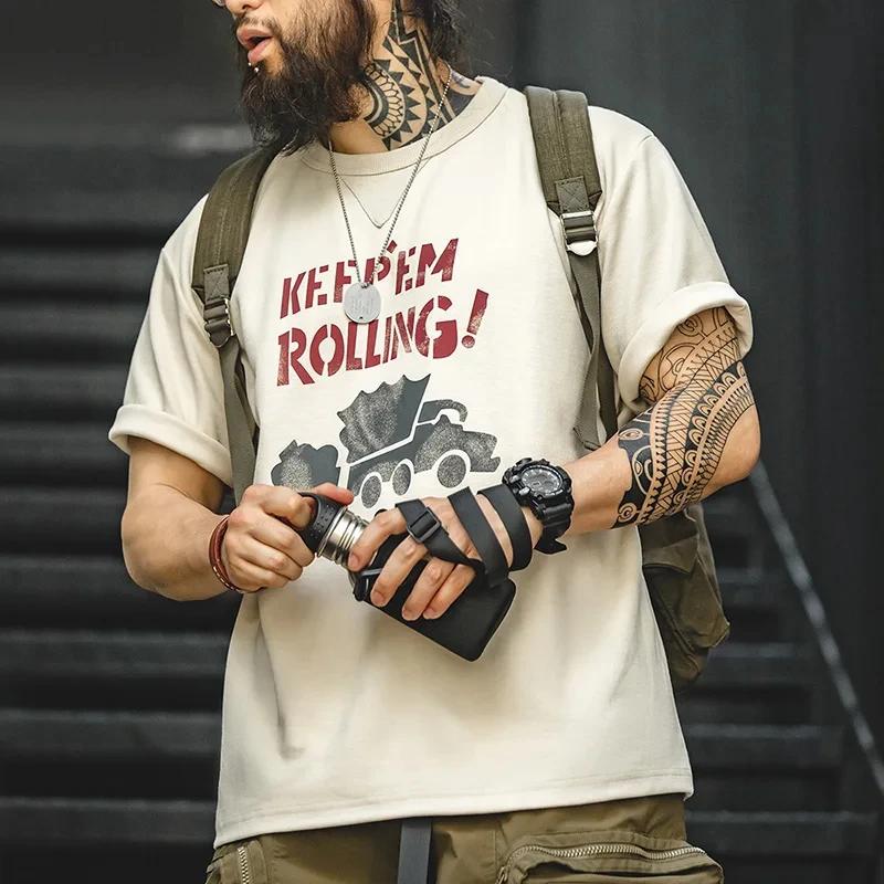 Maden Maden été hommes Beige manches courtes T-Shirts Vintage Graffiti lettre voiture impression T-S