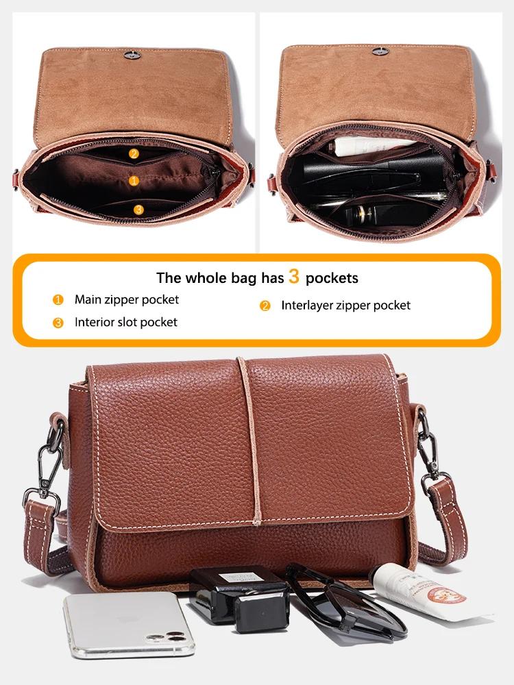 Zency-Sac à main en cuir de vachette pour femme, sac messager rétro, sac carré simple, petit rabat,