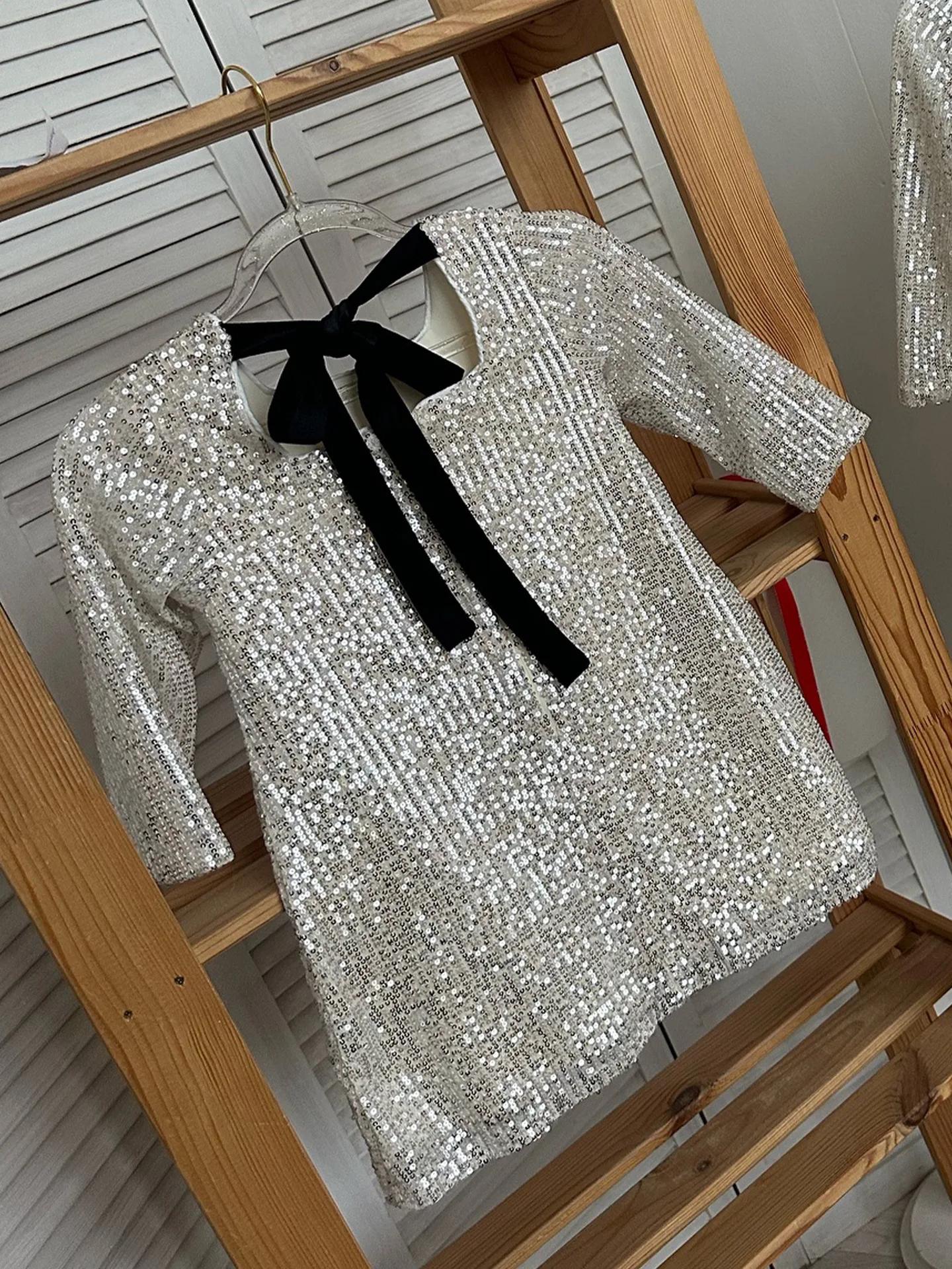 HETISO – robe de soirée élégante à manches longues, paillettes argentées, avec nœud papillon noir, r