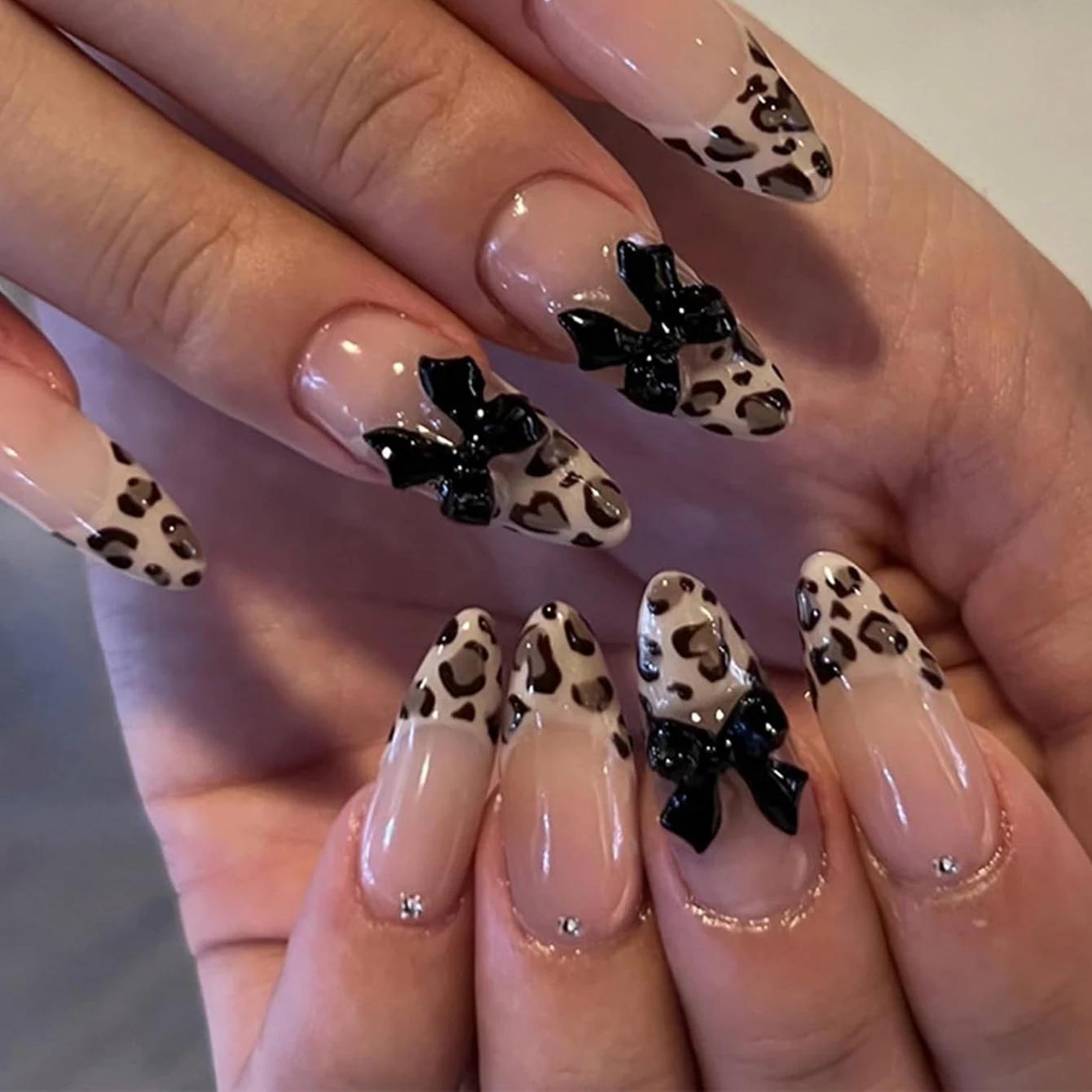 10 pièces ongles en amande, faux ongles de taille moyenne, faux ongles pointus français imprimé léop