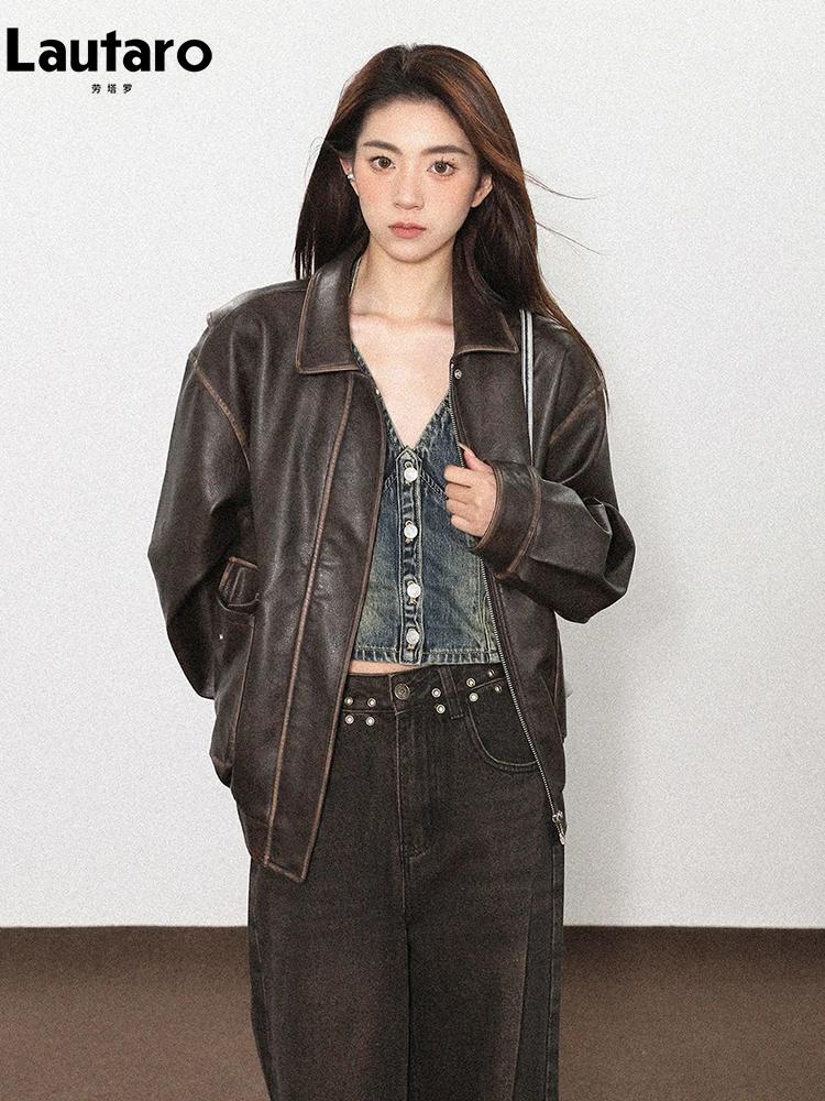 Lautaro printemps automne Cool beau doux Vintage en détresse marron Pu veste en cuir femmes à manche