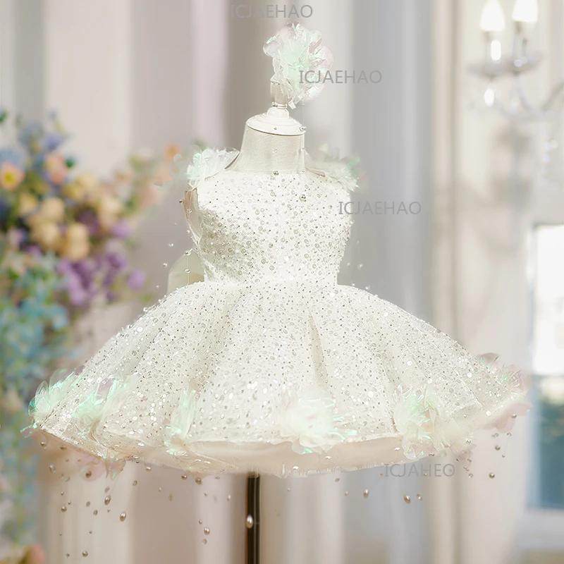 Robe de princesse élégante pour enfants, style perle et fleur, avec sequins, pour filles, idéale pou