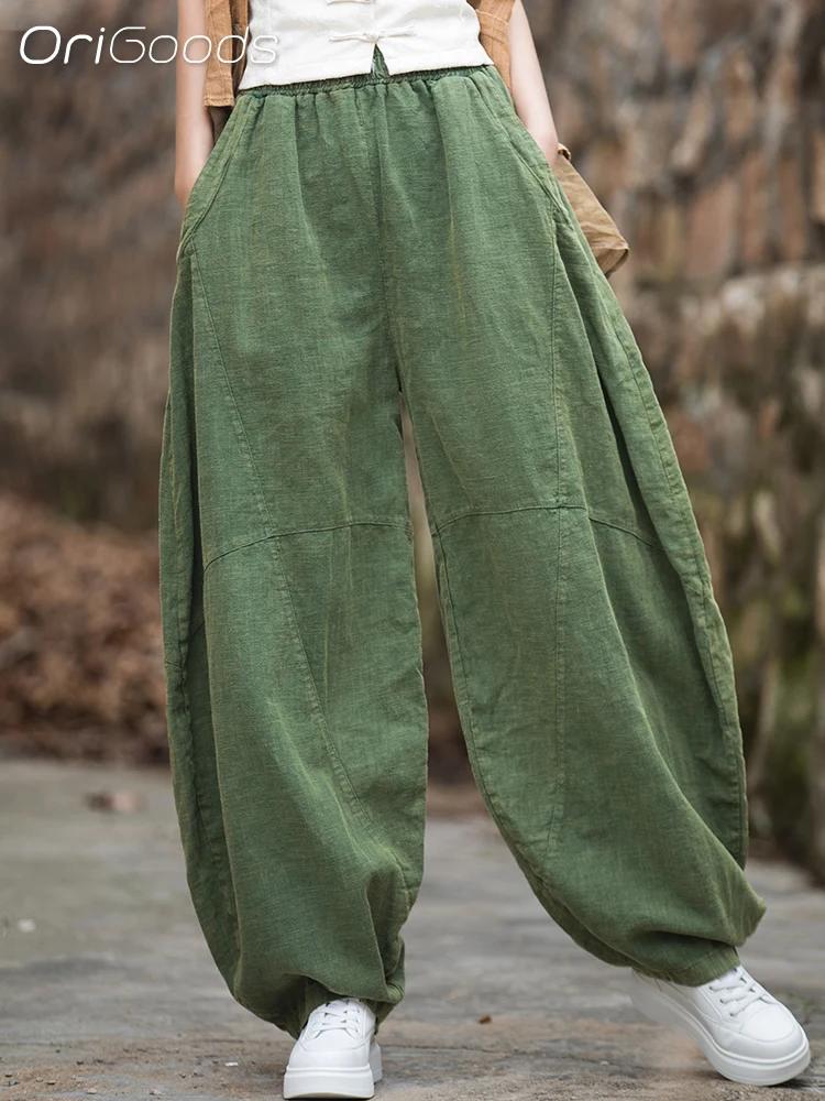 OriGoods Vintage surdimensionné pantalon femme Ramie coton nouveauté Original coupe ample pantalon Z