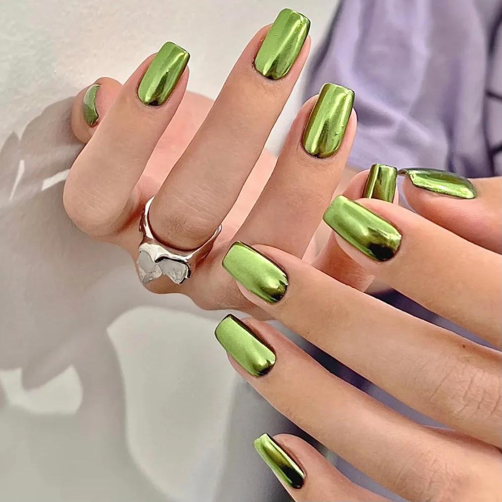 Faux ongles courts métalliques à embouts carrés, 24 pièces/ensemble, rouge, noir, rose, vert, bleu,