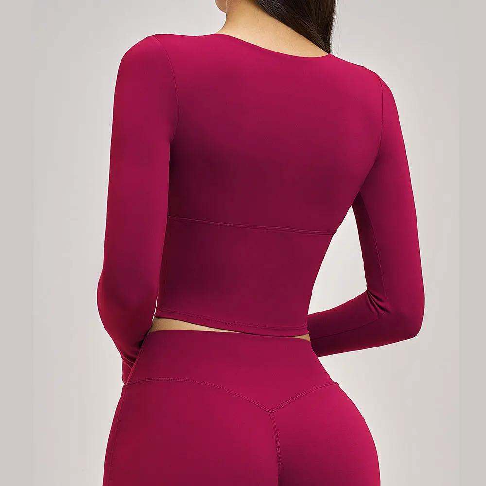 T-shirts de yoga pour femmes, coupe ajustée, manches longues, vêtements de sport, de fitness, de cou