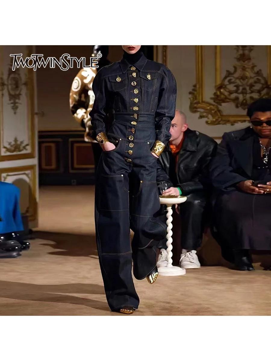TWOTWINSTYLE – ensemble deux pièces à boutons épissés pour femmes, haut à manches longues, taille ha