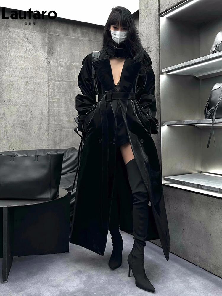 Lautaro printemps automne Extra Long surdimensionné Cool réfléchissant brillant noir en cuir verni T