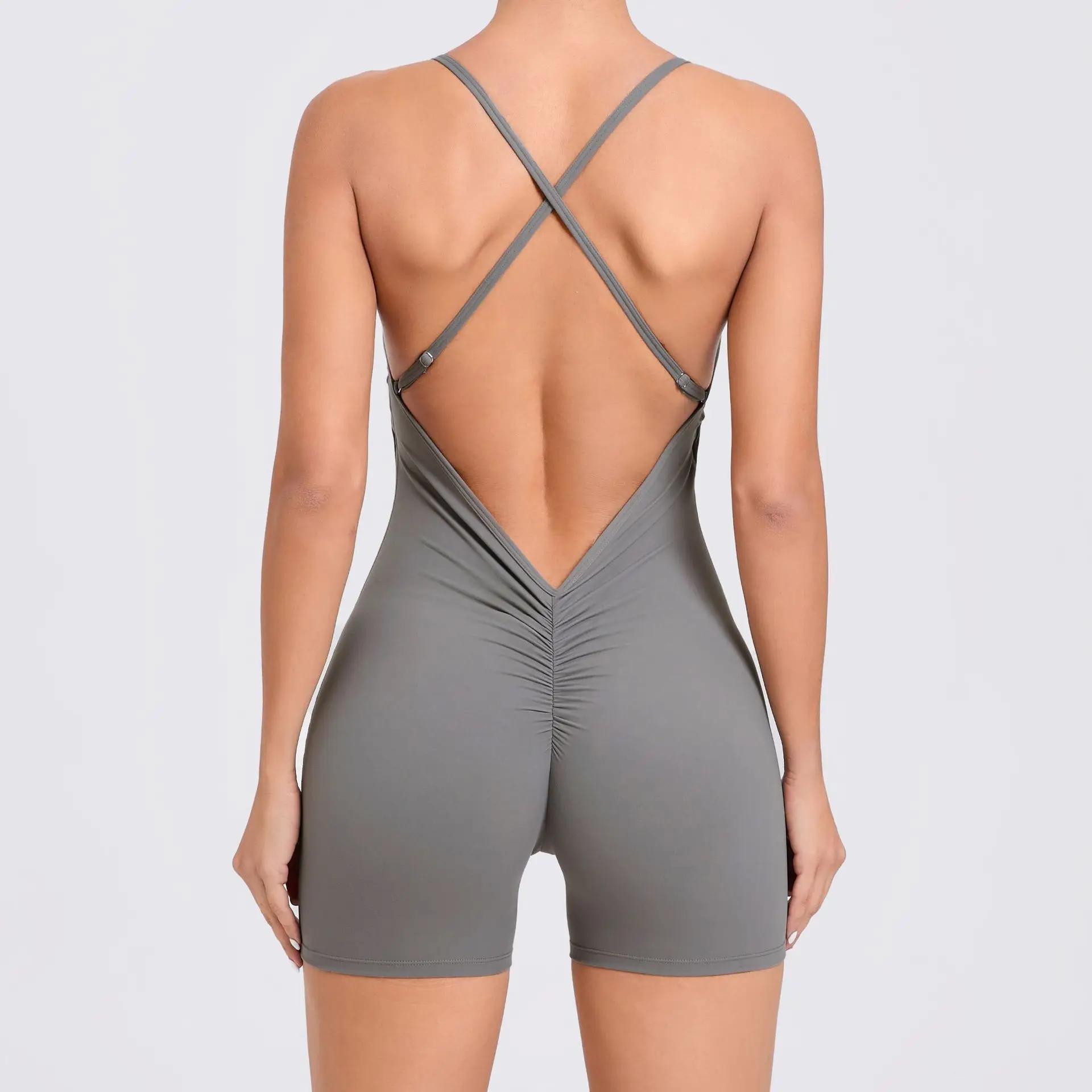 Combinaison de yoga dos nu pour femme, ensemble de shorts, vêtements de sport siamois, fitness sport
