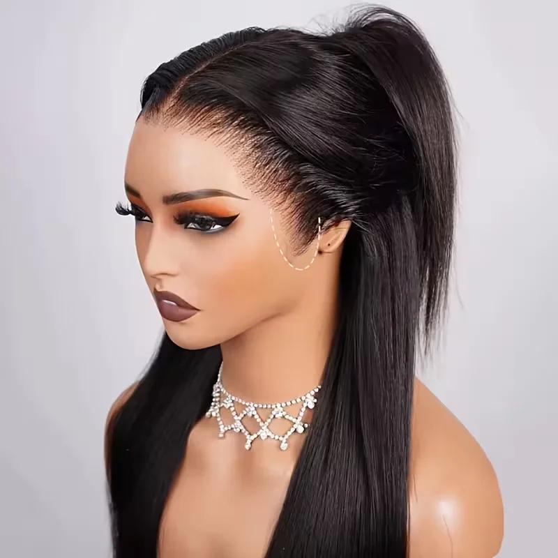 Perruque Lace Wig 360 Full Hd, cheveux naturels lisses, sans colle, avec cordon de serrage Invisible