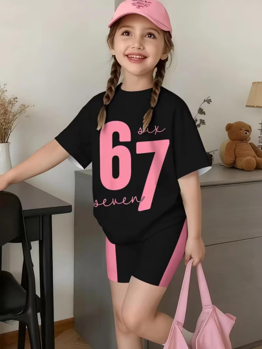 Summer Italian Brainrot 67 Six Seven Cartoon Print Sports Children's Set Short Sleeved Shorts 2PCS S