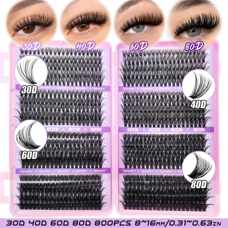 QUEENICE 800 pièces de faux cils en grappe de longueur mixte | Léger, doux, facile à appliquer, De