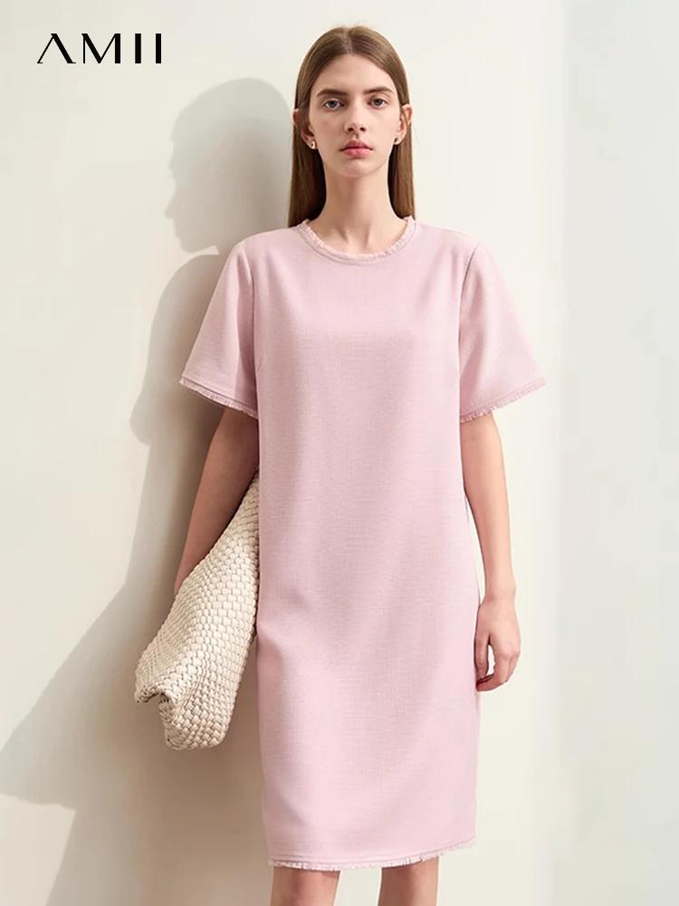 Amii-Robe mi-longue droite à manches courtes pour femmes, robes minimalistes, pompon épissé, léger,