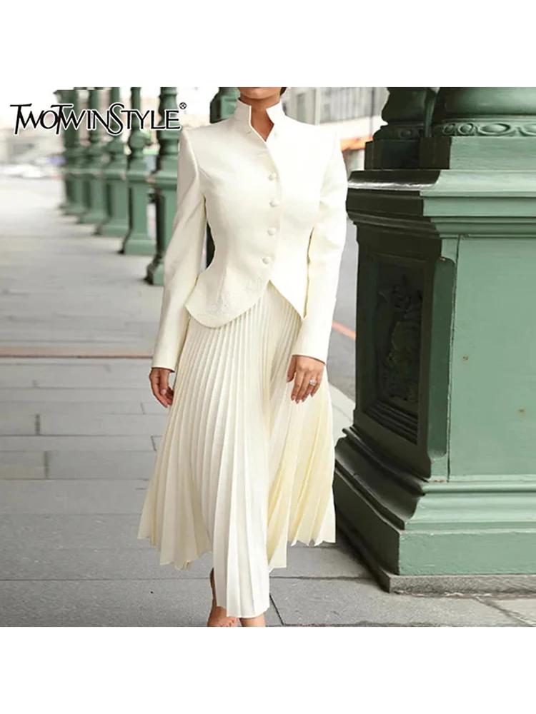 TWOTWurea YLE-Ensemble deux pièces pour femme, jupe taille haute, col montant, manches longues, bout