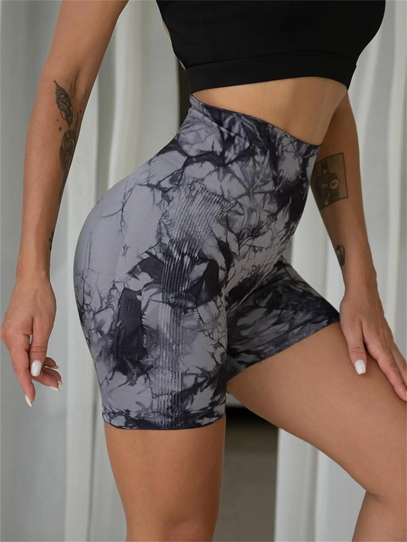 Short de sport froncé taille haute imprimé Tie Dye pour femmes, short slim décontracté, confortable
