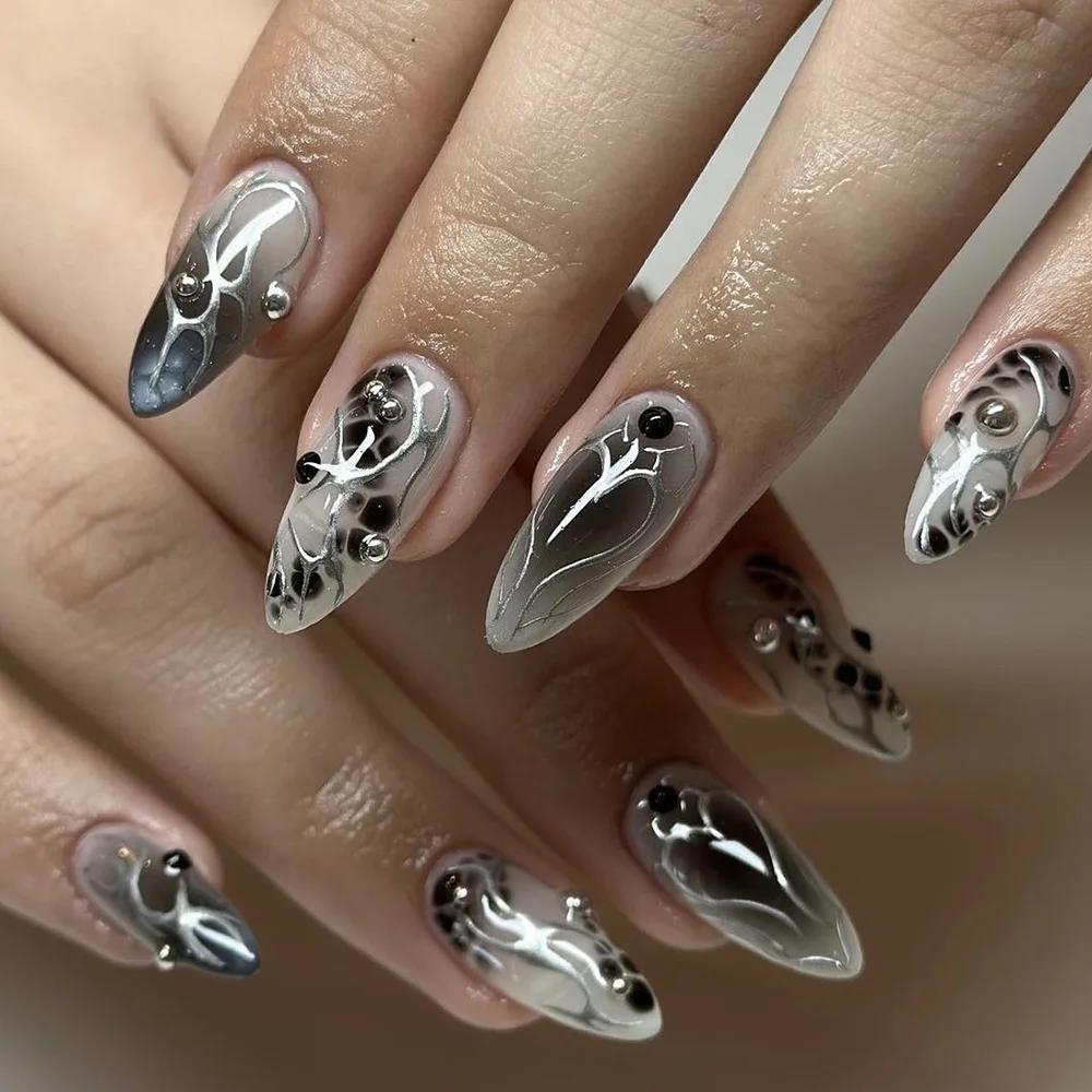 24 pièces faux ongles fille épicée arc argenté avec diamant faux ongles avec colle amande presse sur
