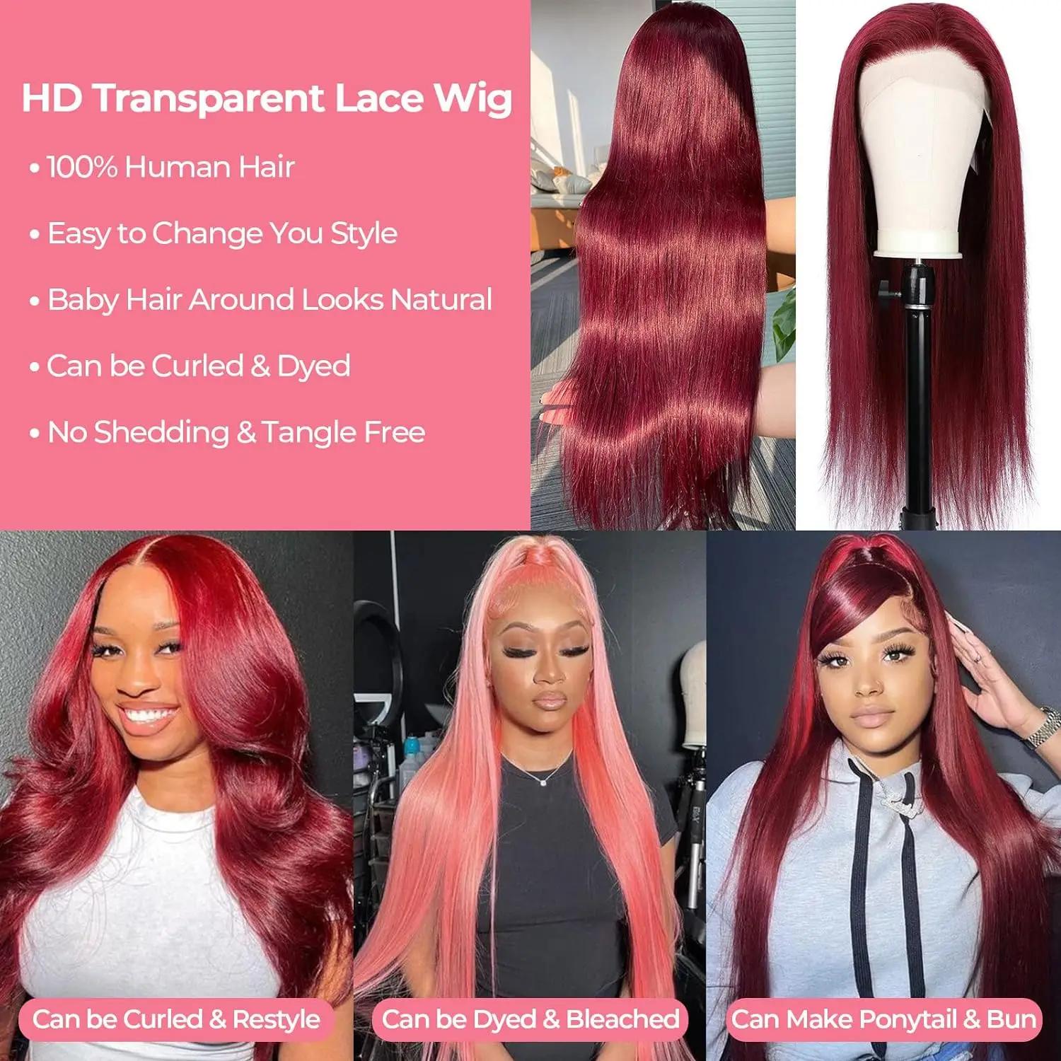 Perruque Lace Front Wig sans colle naturelle, cheveux lisses, bordeaux, HD, 5x5, 13x4, 13x6, pre-plu