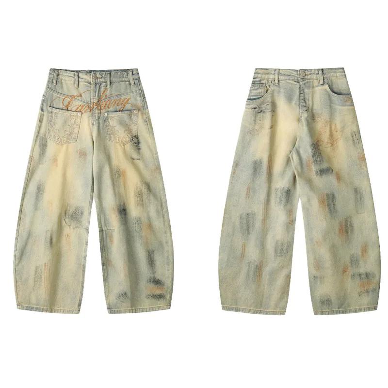 Jean vintage pour homme, délavé, effet vieilli, broderie script, coupe oversize, jambe large, style