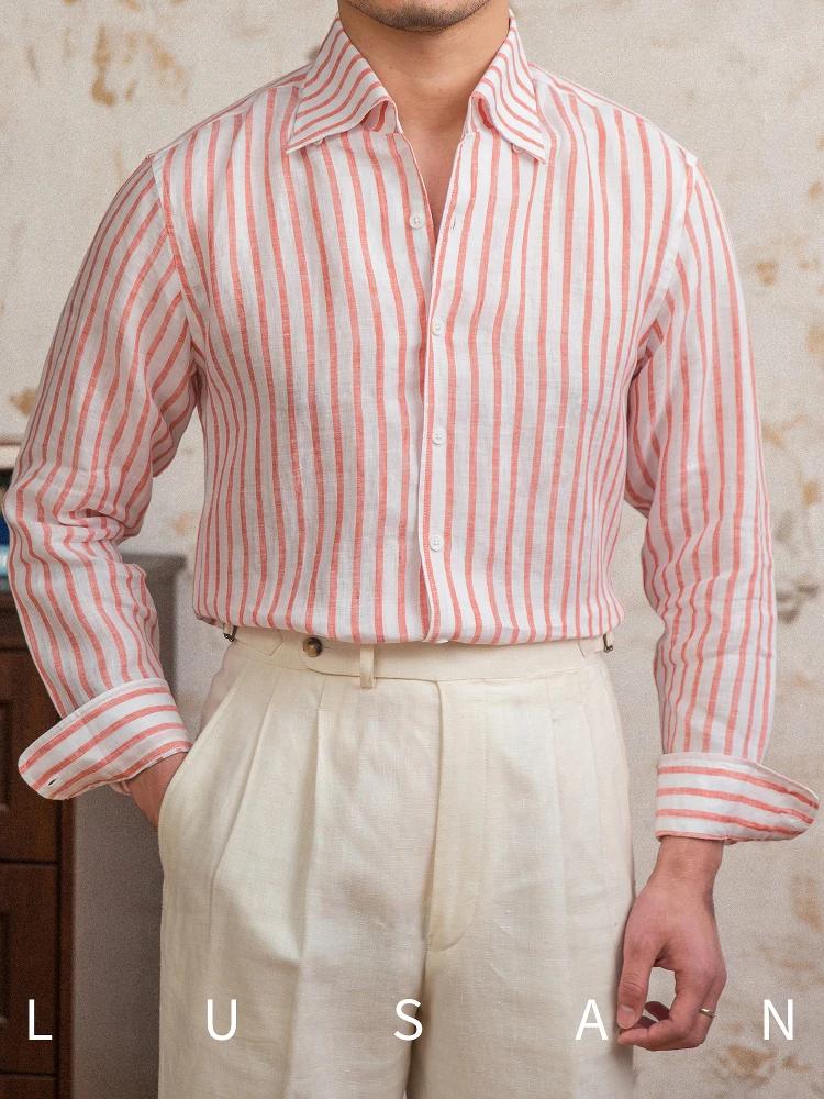 Chemise d'été 100 lin à manches longues et col une pièce rayé, légère et respirante, chemise d'extér