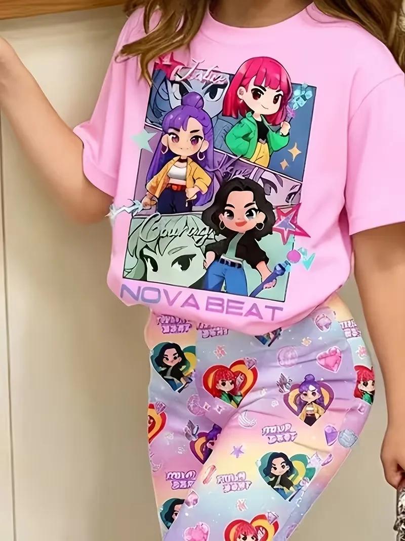 Ensemble pantalon 2 pièces Kpop Nova Beat Girls, t-shirt graphique rose et leggings évasés en forme