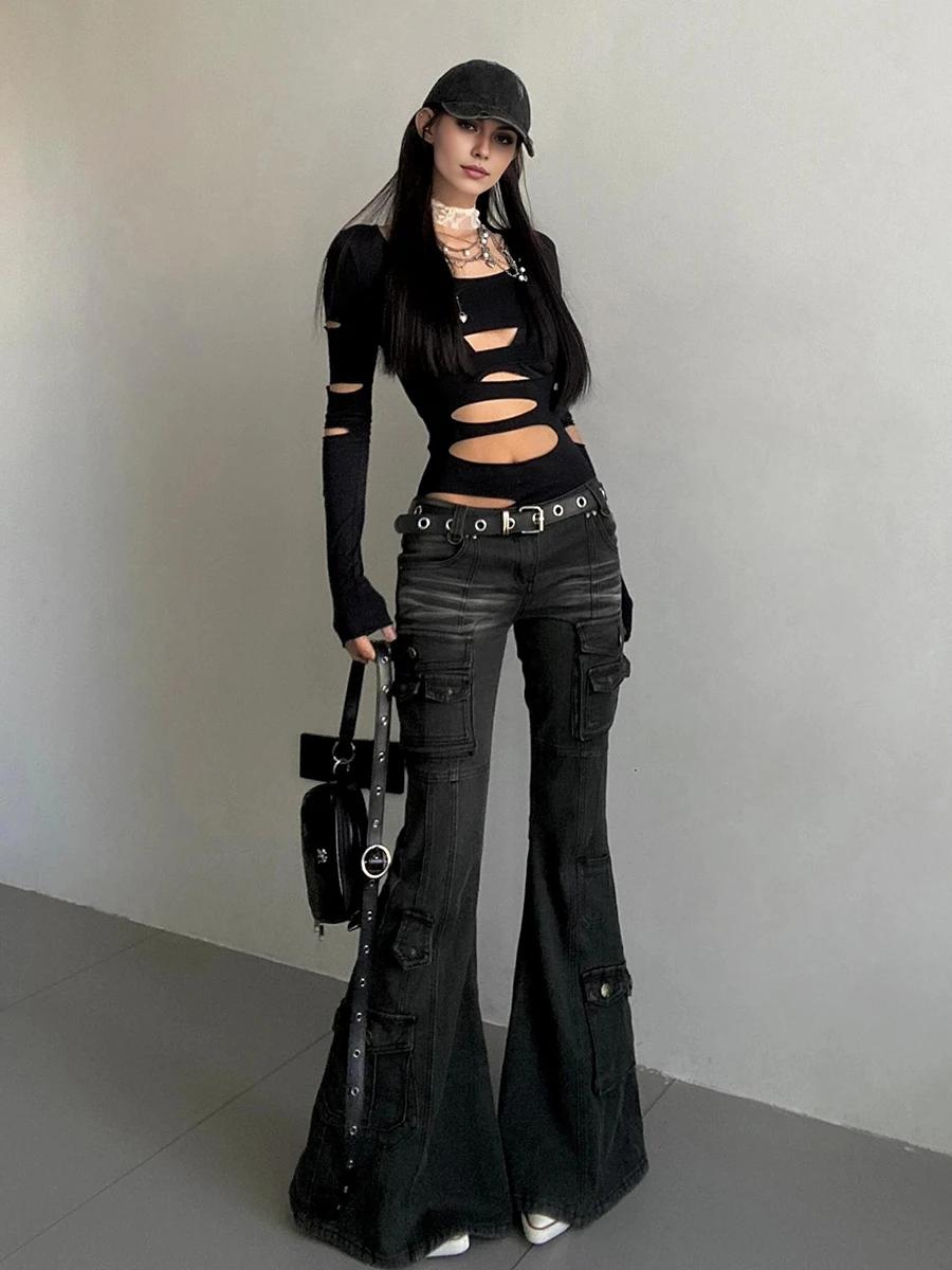 REDDACHiC Acubi mode noir Flare jean rétro moustaches maigre Stretch taille basse poches Cargo panta