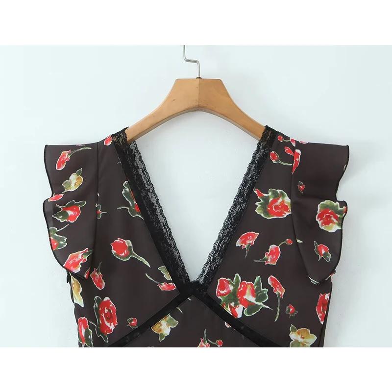 YENKYE romantique dentelle garniture imprimé fleuri crayon robe Sexy femmes manches volantes col en