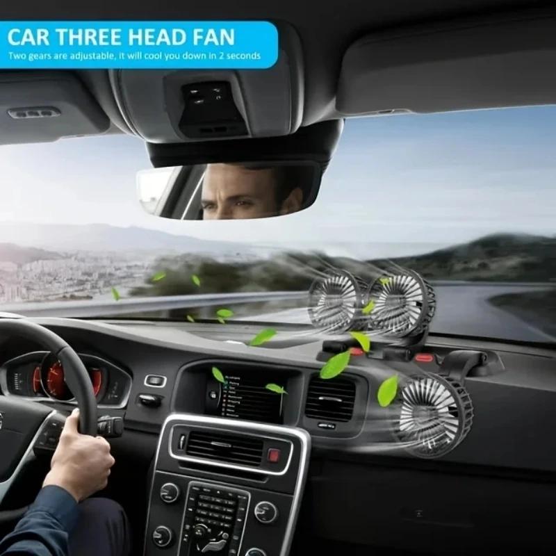 Ventilateur de voiture à trois têtes, USB, 3 vitesses réglables, rotation résistante à 360, adapté a