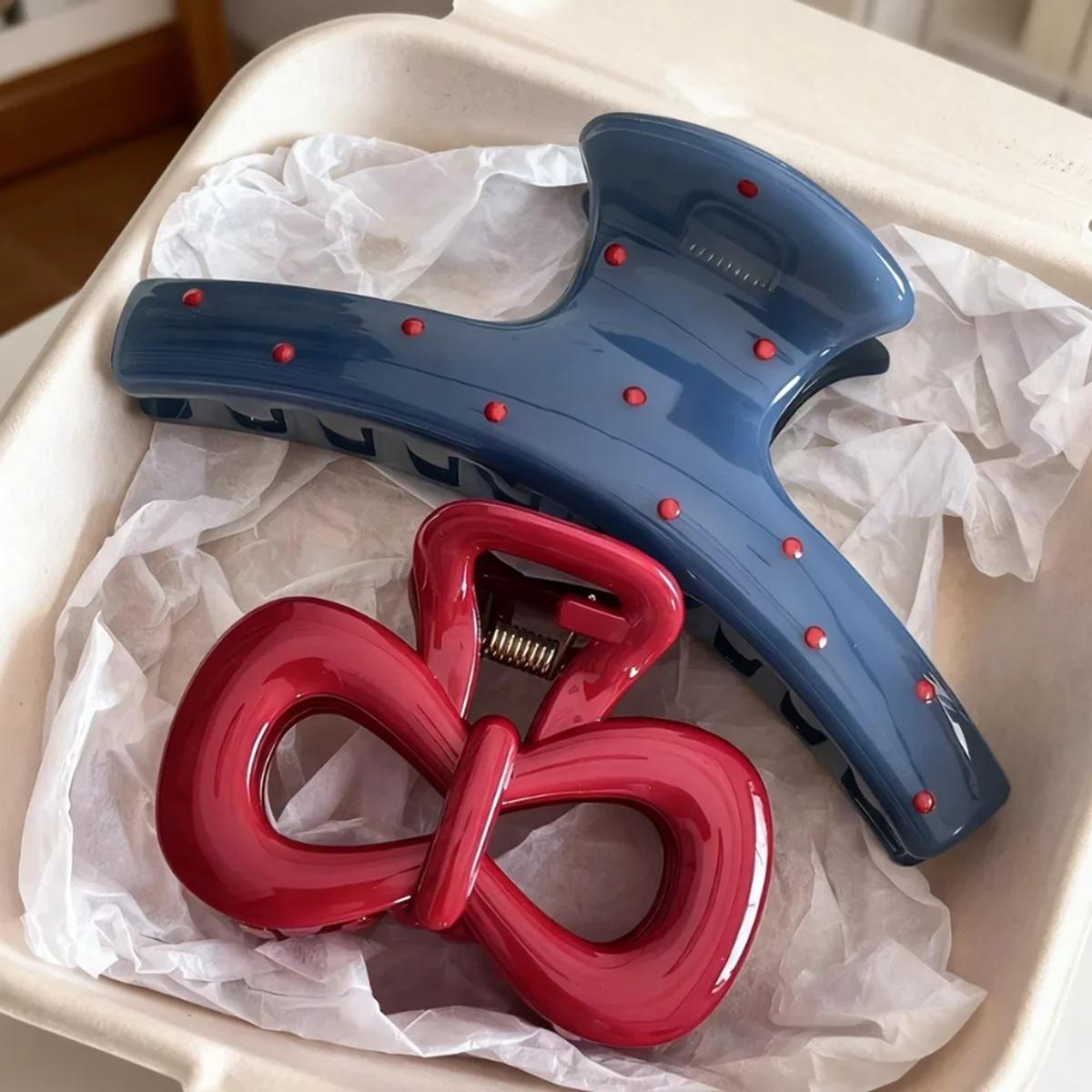 Lot de 2 pinces à cheveux vintage bleues à pois avec nœud rouge, barrettes à griffes de requin, acce