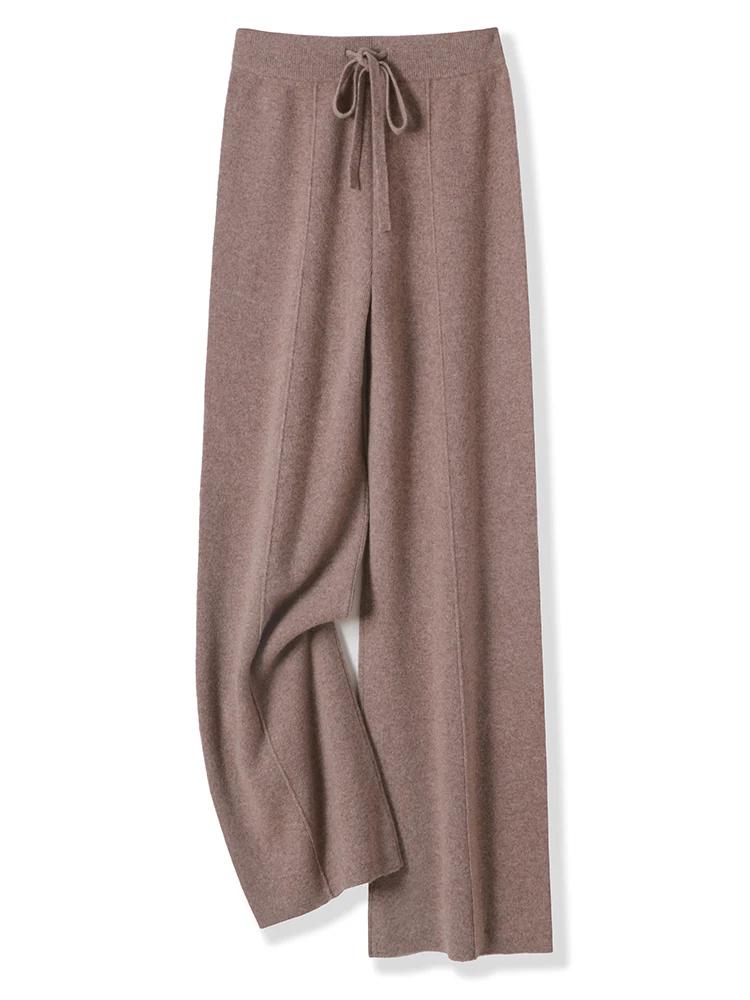 Pantalon tricoté en laine mérinos pour femme, jambes larges, basique, doux et chaud, en cachemire, d