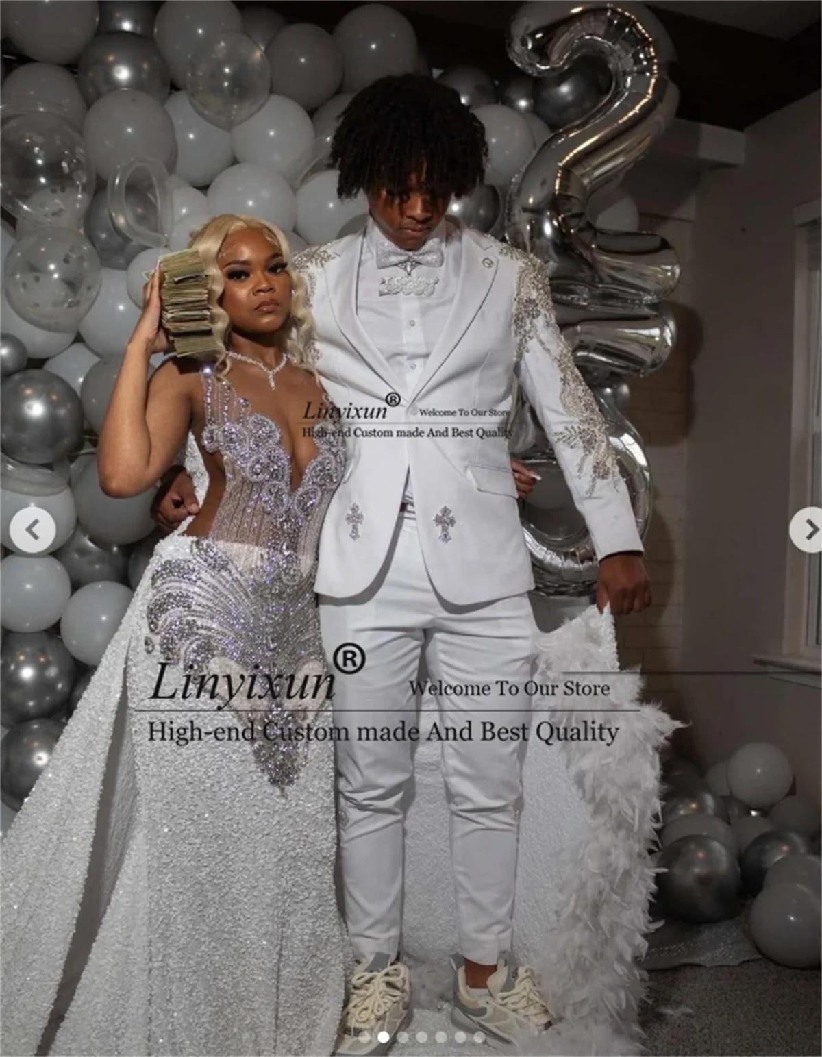 Appliques de luxe Tuxedos perlés mariage métal embelli hommes costumes 2 pièces ensembles mariage ma
