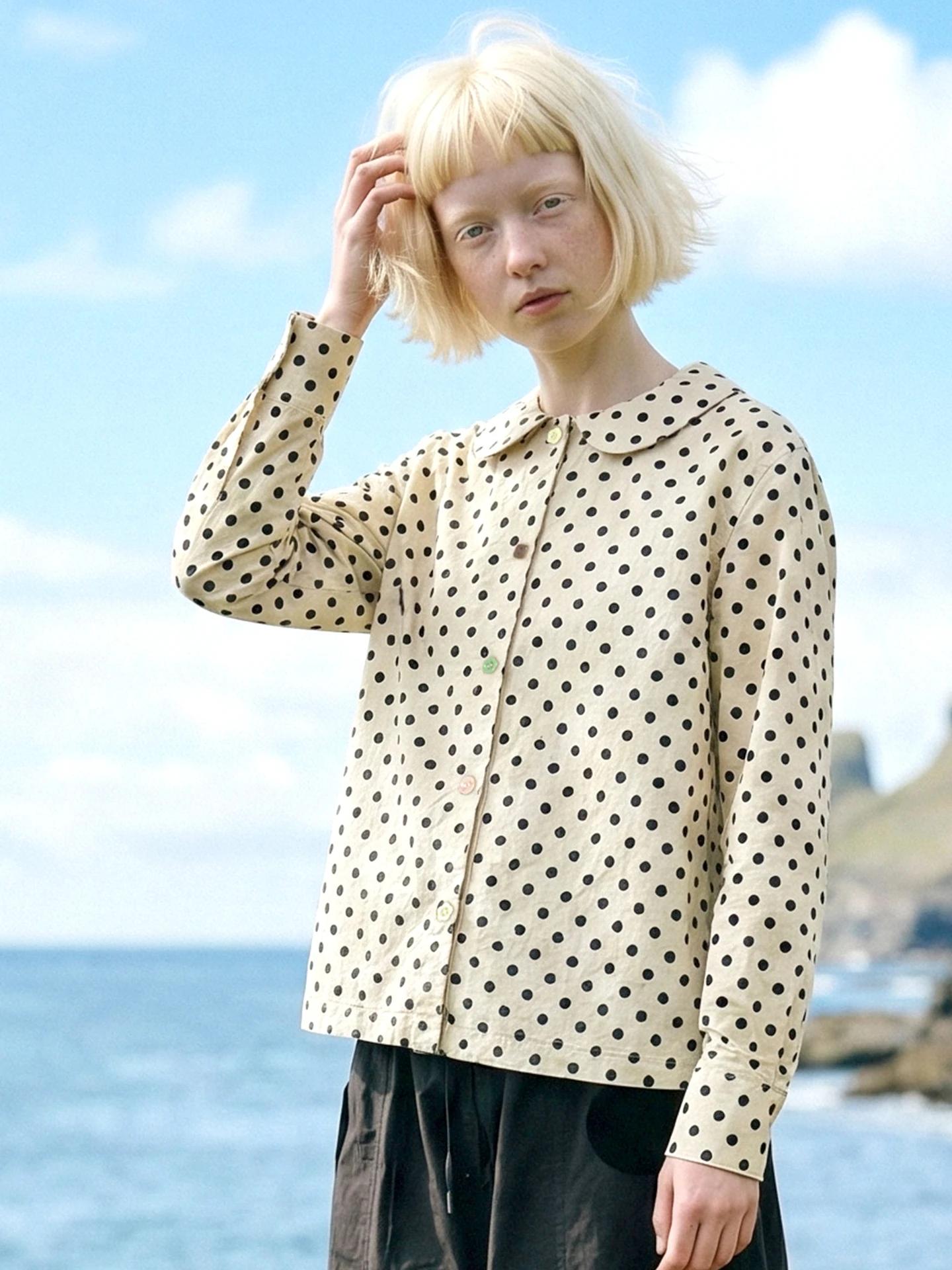 IMAKOKONI – chemise à pois avec col Peter Pan pour femme, chemisier à manches longues avec boutons s