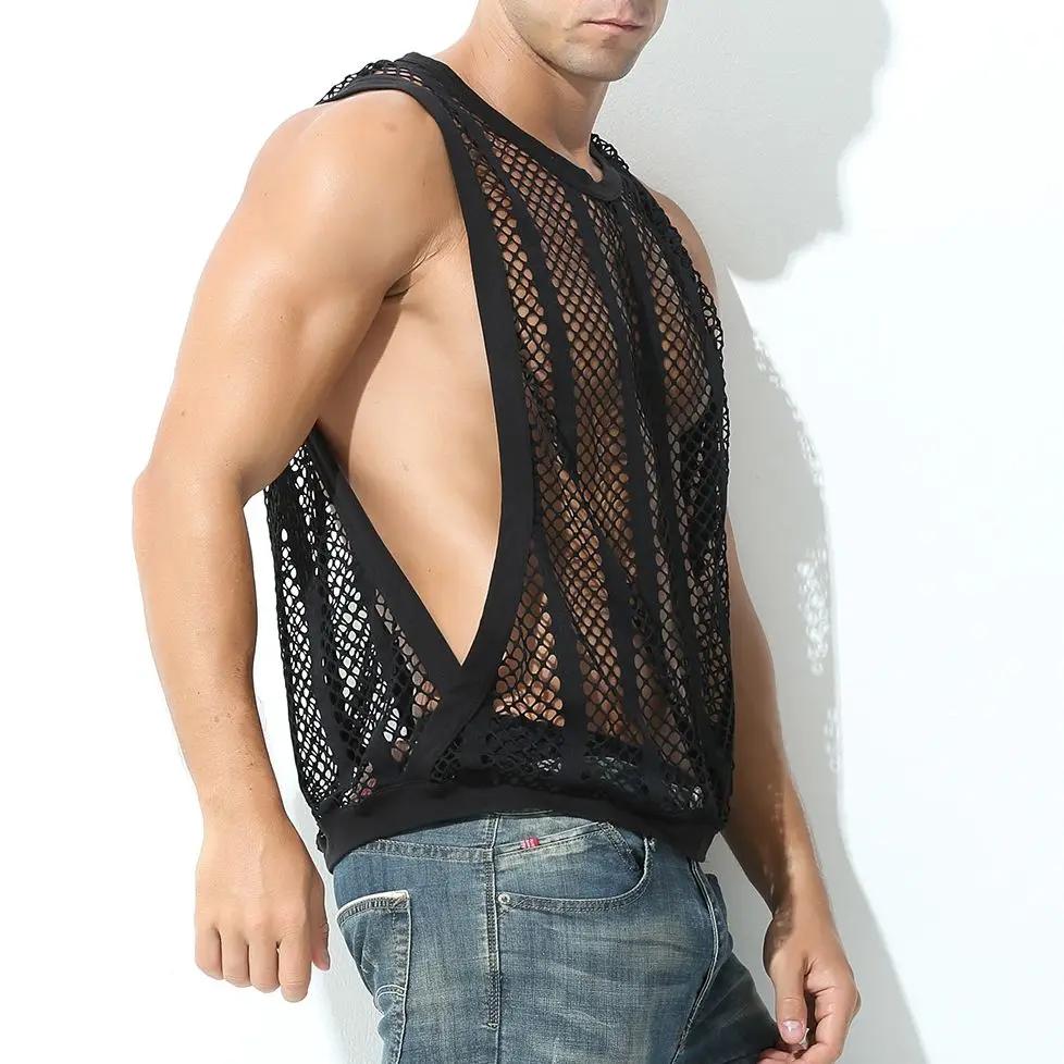Hommes maille pure gilet musculation course débardeurs Sexy résille Fitness vêtements de sport Muscl