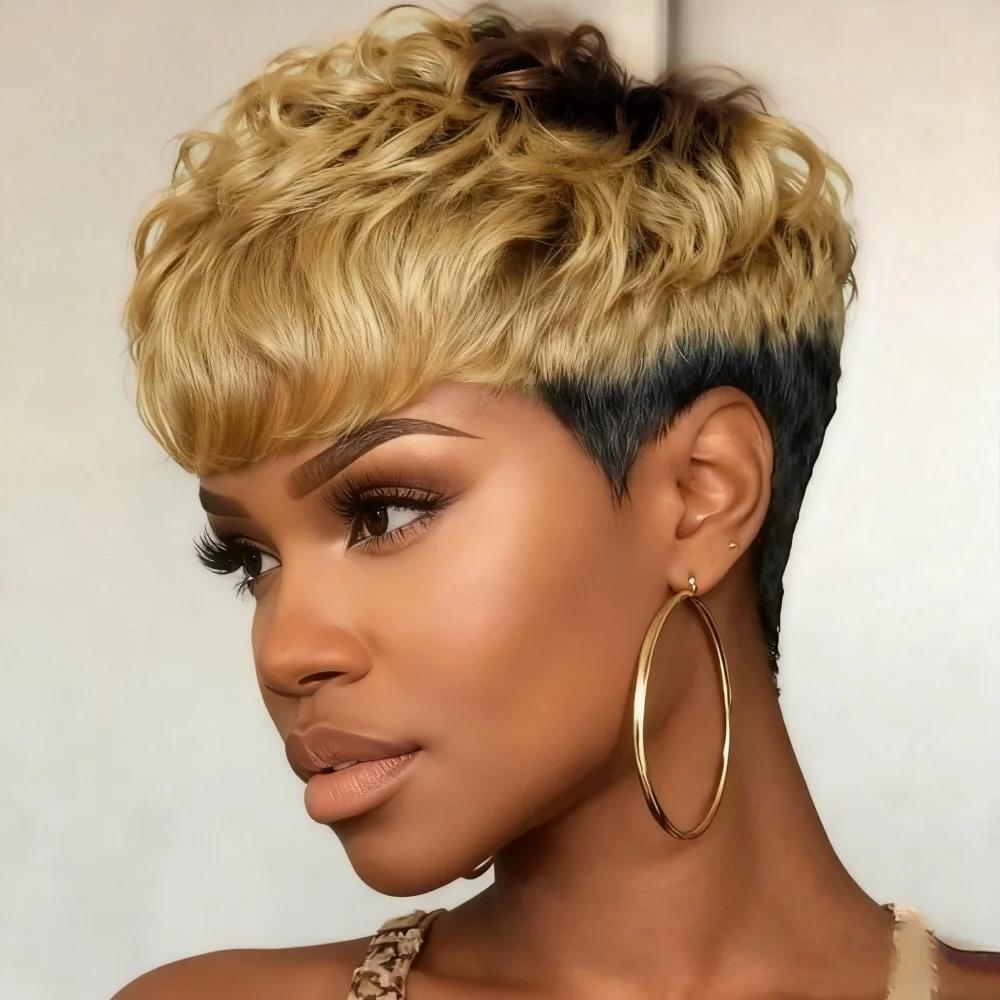 Perruque de cheveux humains droits coupe lutin courte avec frange cheveux péruviens coupe lutin en c