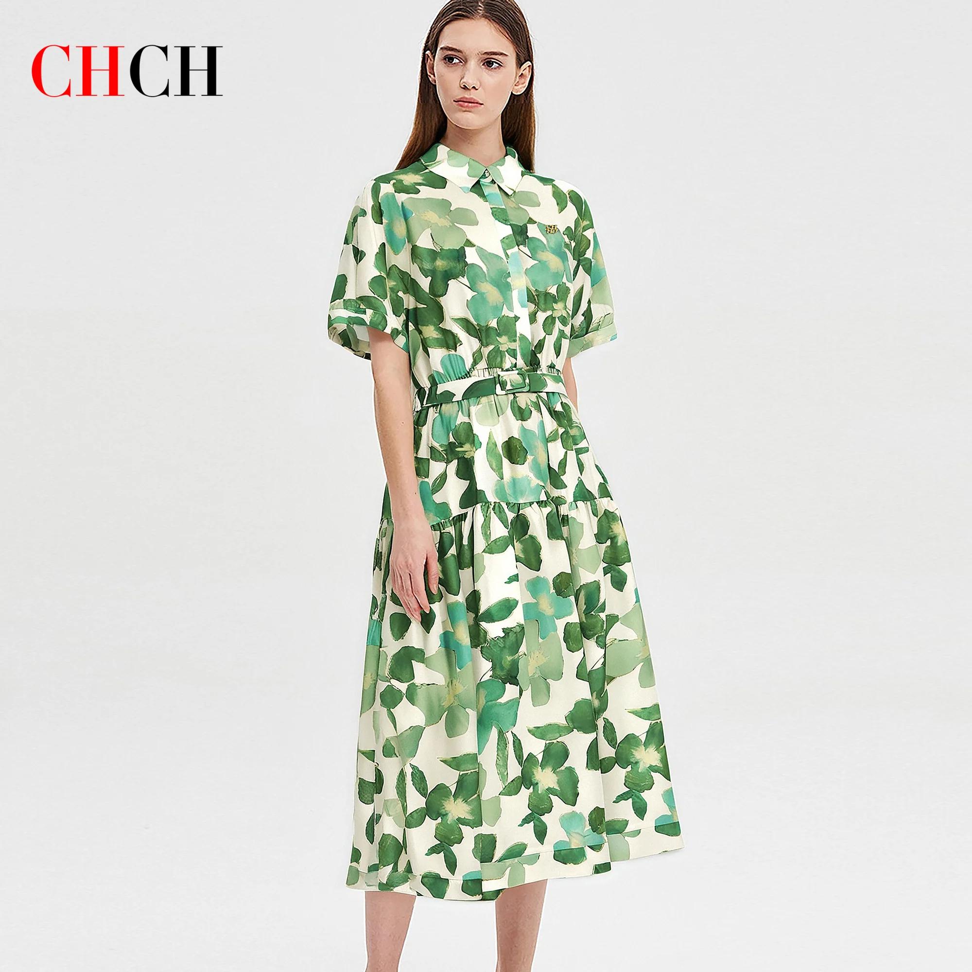 CHCH robe femme nouvelle robe longue femme imprimé fleur verte avec ceinture