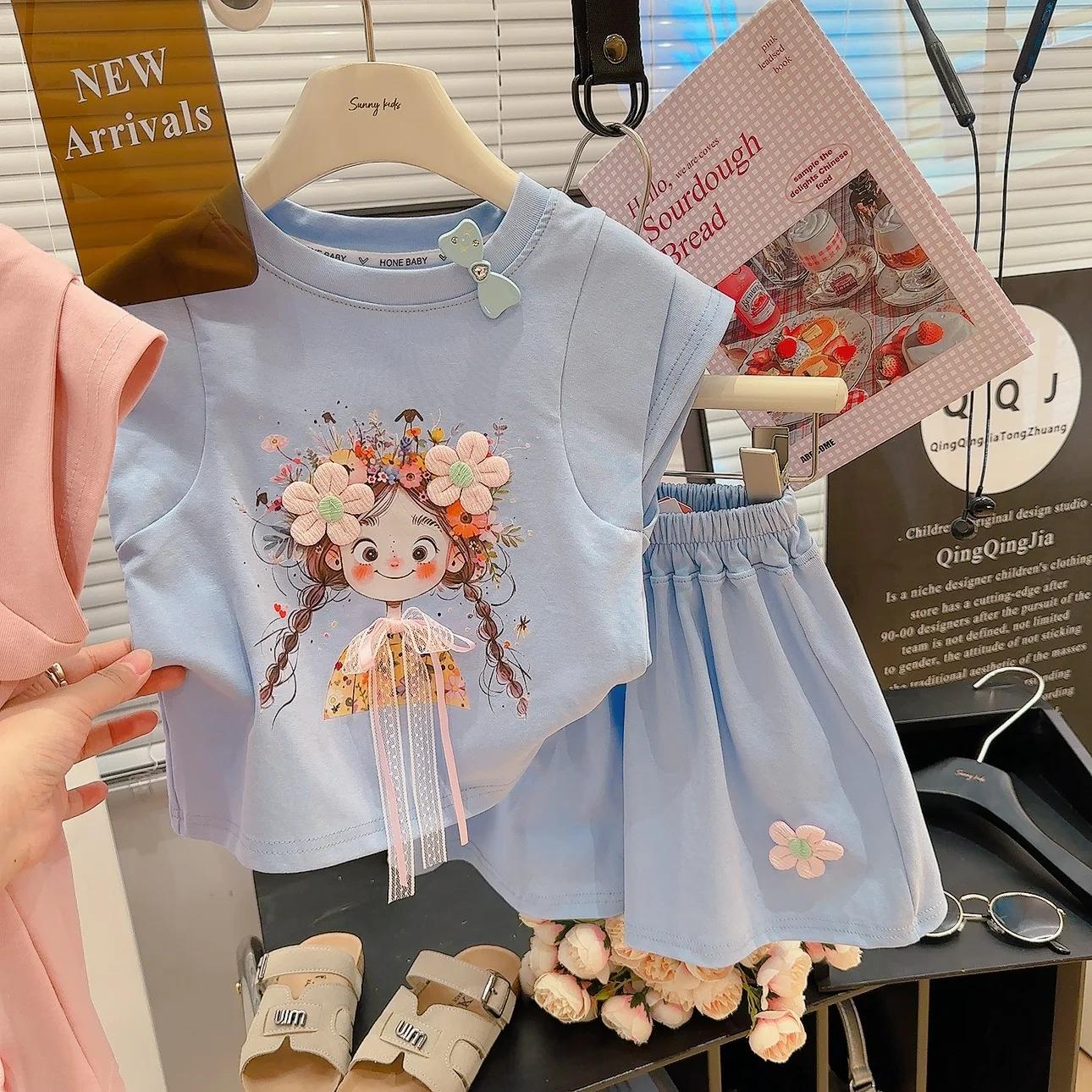 Ensemble 2 pièces t-shirt et short décontractés d'été pour filles, vêtements d'extérieur pour enfant