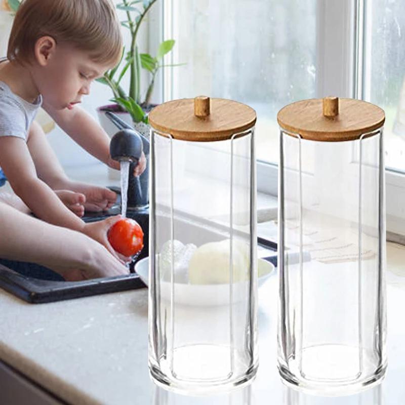 Cotons-tiges en acrylique avec couvercle en bambou, boîte transparente cosmétique, boîte de rangemen