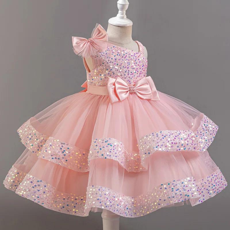 Robe de princesse en maille pour filles, avec nœud à paillettes, col irrégulier, pour fête d'anniver