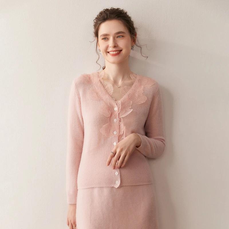 Cardigans de luxe en cachemire pour femmes, col en v, hauts en tricot, décontracté, motif feuilles,