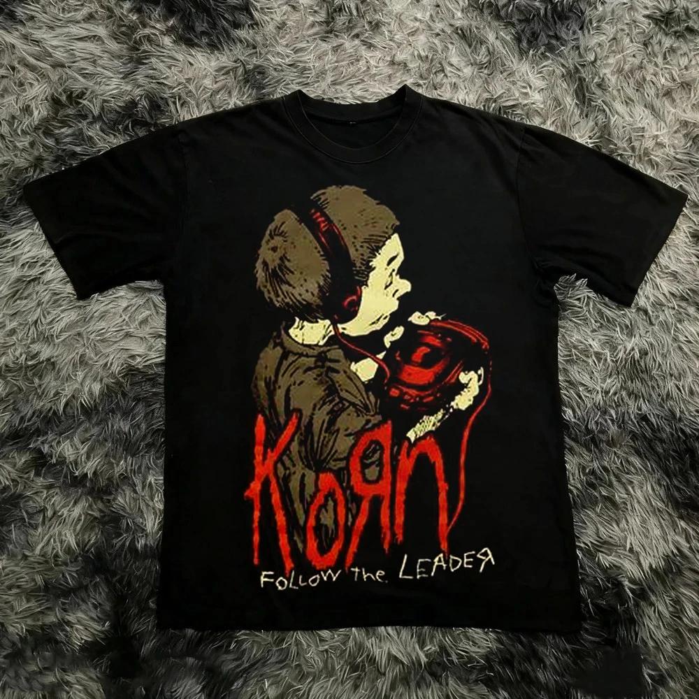 Korn Follow The Leader T-shirt en coton imprimé double face Metal Band Tee pour hommes et femmes, t-