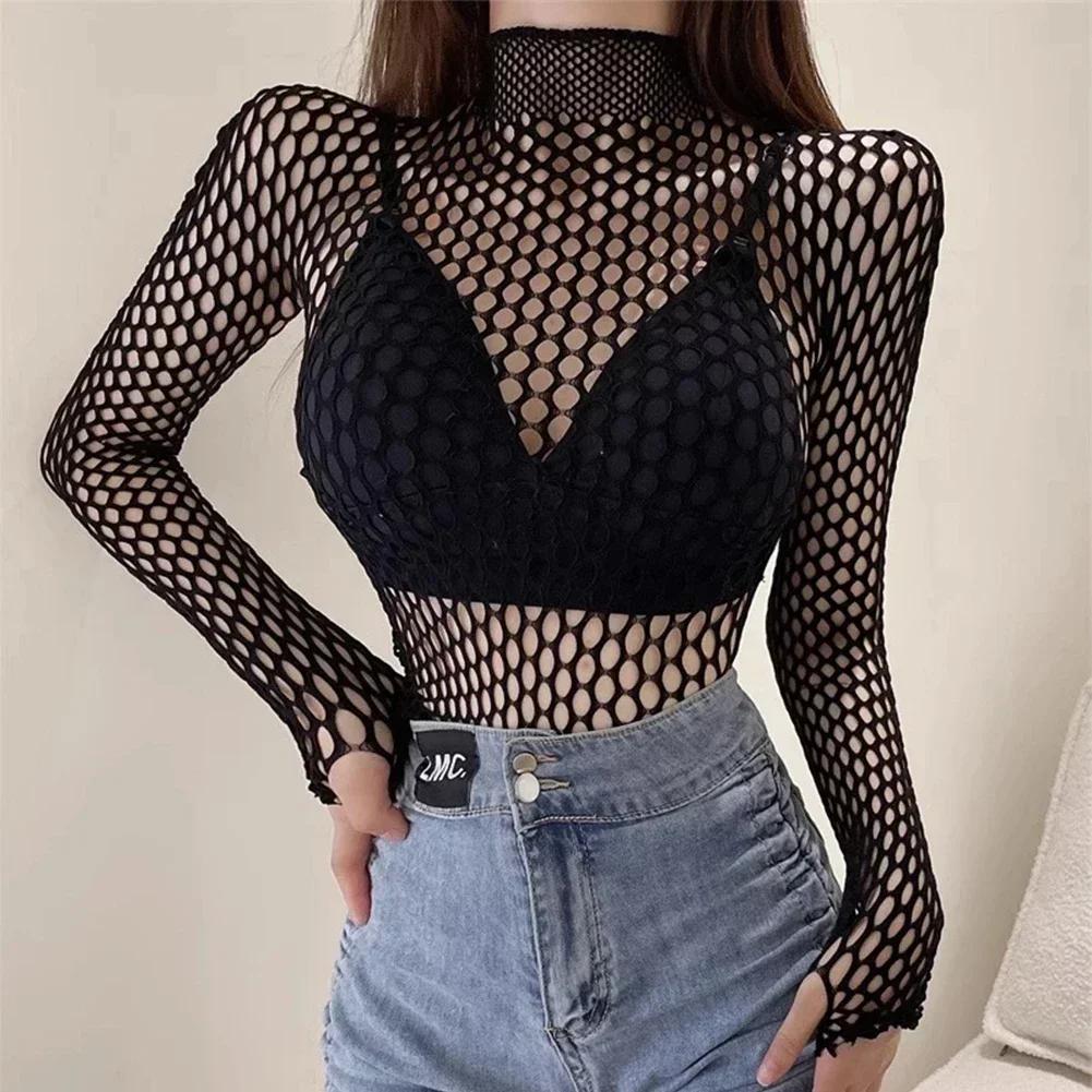 Femmes Sexy maille à manches longues résille hauts amusant mode Slim Fit hauts évider voir à travers