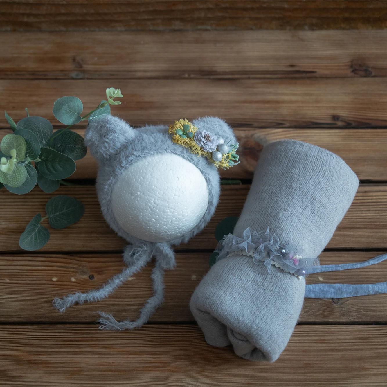 Nouveau-né tricot extensible Mohair enveloppement dentelle volants couture Bonnet et bandeau photogr