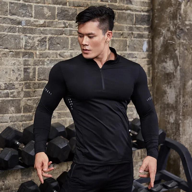 T-shirt de sport serré à manches longues pour hommes, vêtements de course à pied, sweat-shirt de com