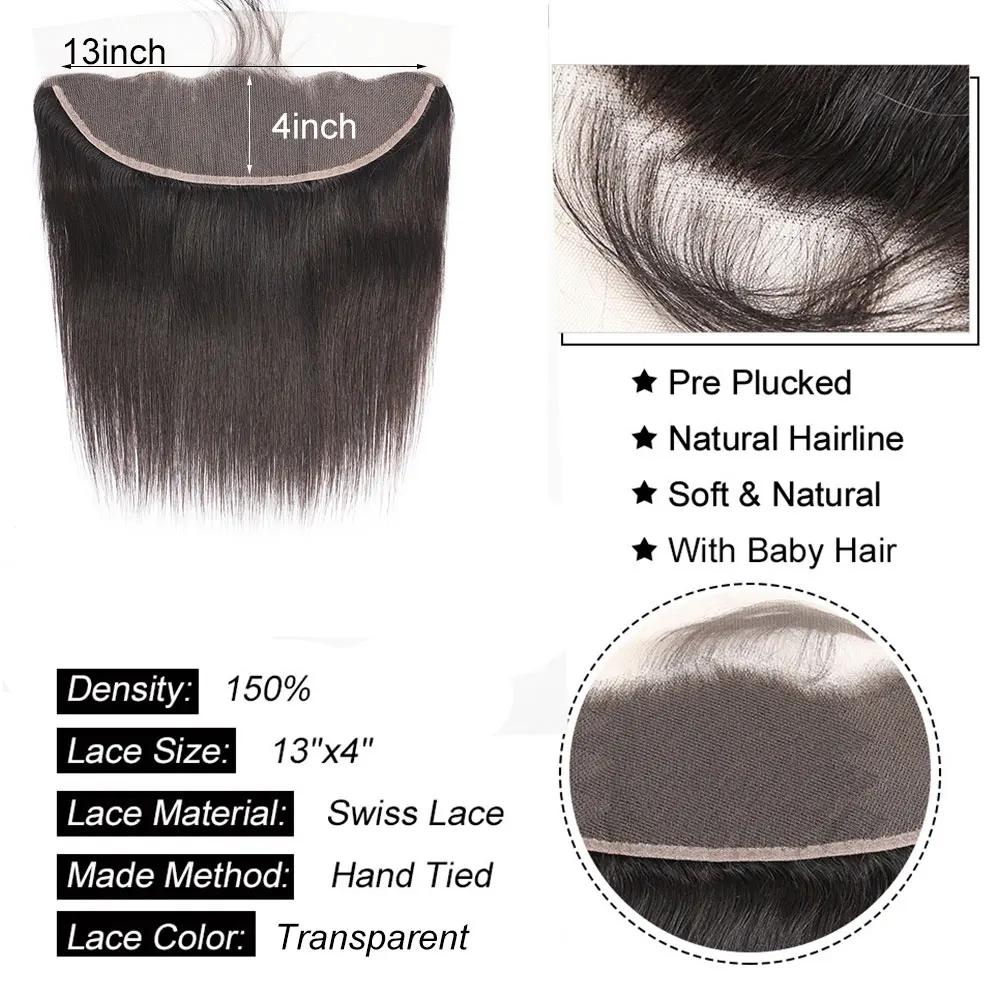 Extensions de cheveux naturels lisses avec Lace Closure, 4x4, 5x5, 6x6, 13x4, 13x6, Extensions front