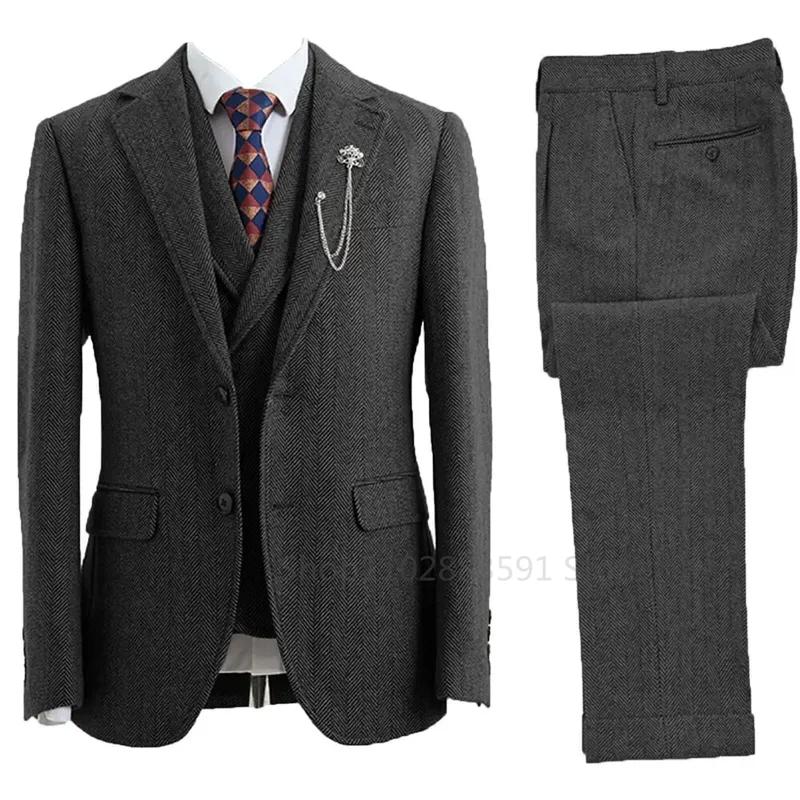 Costume 3 pièces pour hommes, Tweed à chevrons, Double boutonnage, Tuxedos de mariage, taille, vêtem