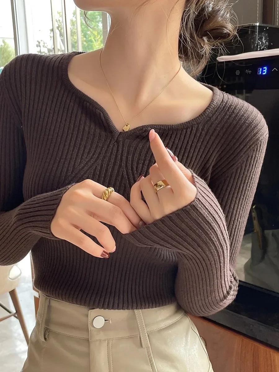 Pull-over chic à col en V basique pour femme, tricoté côtelé, manches longues, coupe ajustée, haute