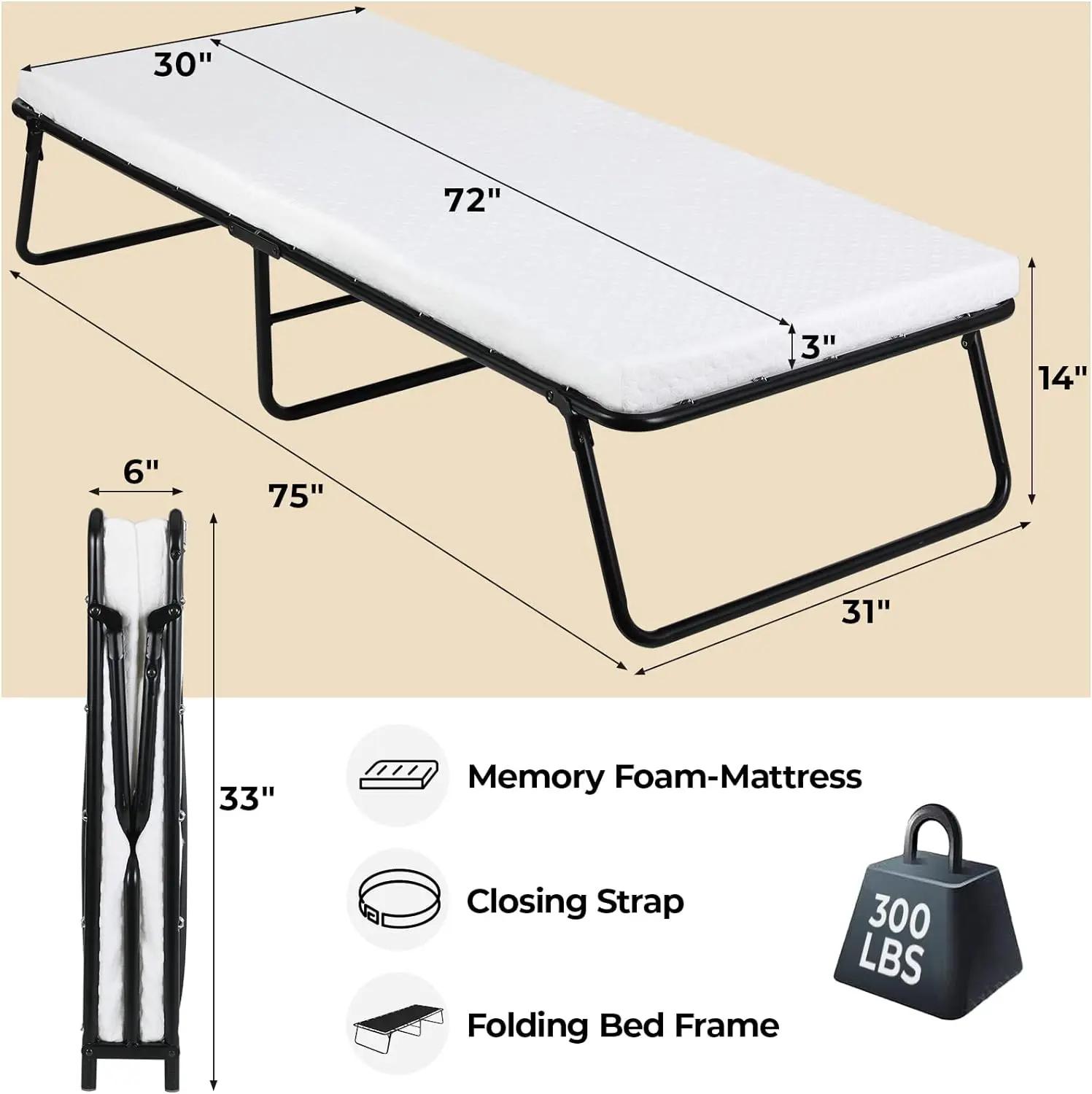 Lit pliant pliant avec matelas en mousse à mémoire de forme, cadre métallique, lit d'invité, 75 po x