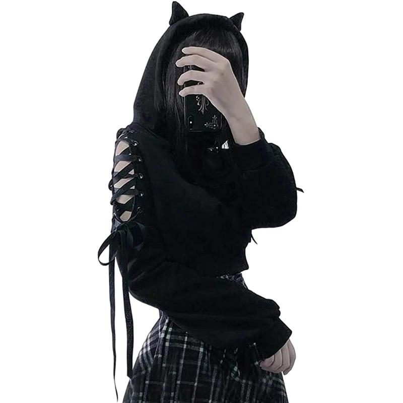 Y2k gothique femmes à capuche chat oreille haut court sweat à capuche évider à lacets à manches long