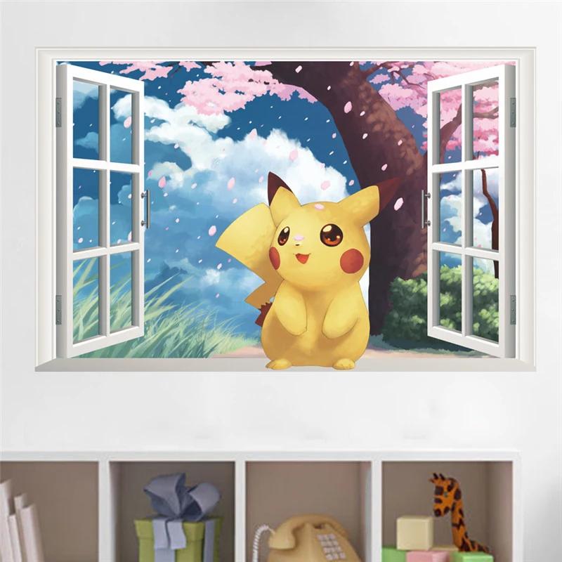 Autocollant Mural 3D Pikachu de Dessin Animé, Décoration pour Chambre d'Enfant, Salon, Affiche de Fi
