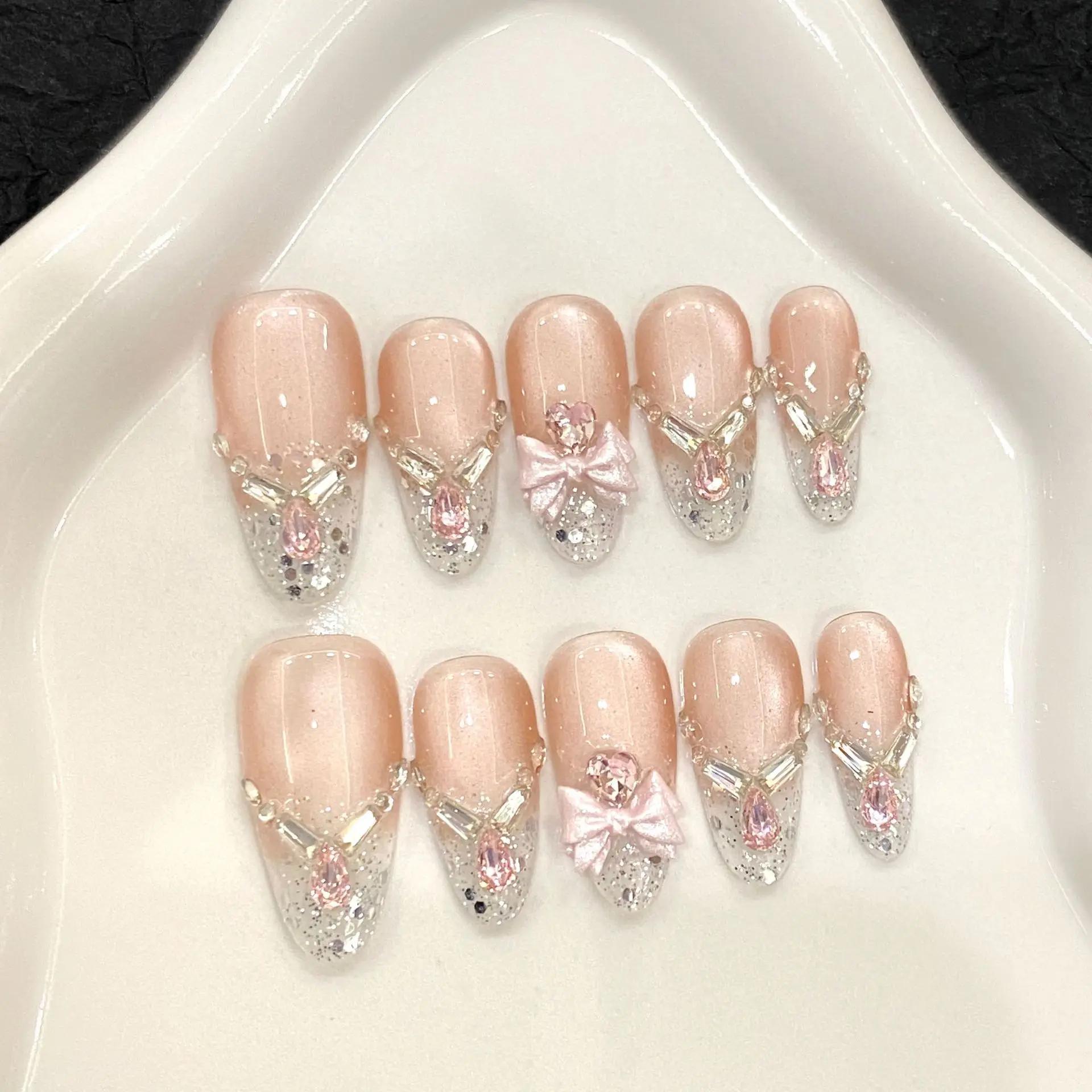 10 pièces à la main brillant diamant presse sur ongles paillettes rose arc décor faux ongles mariage