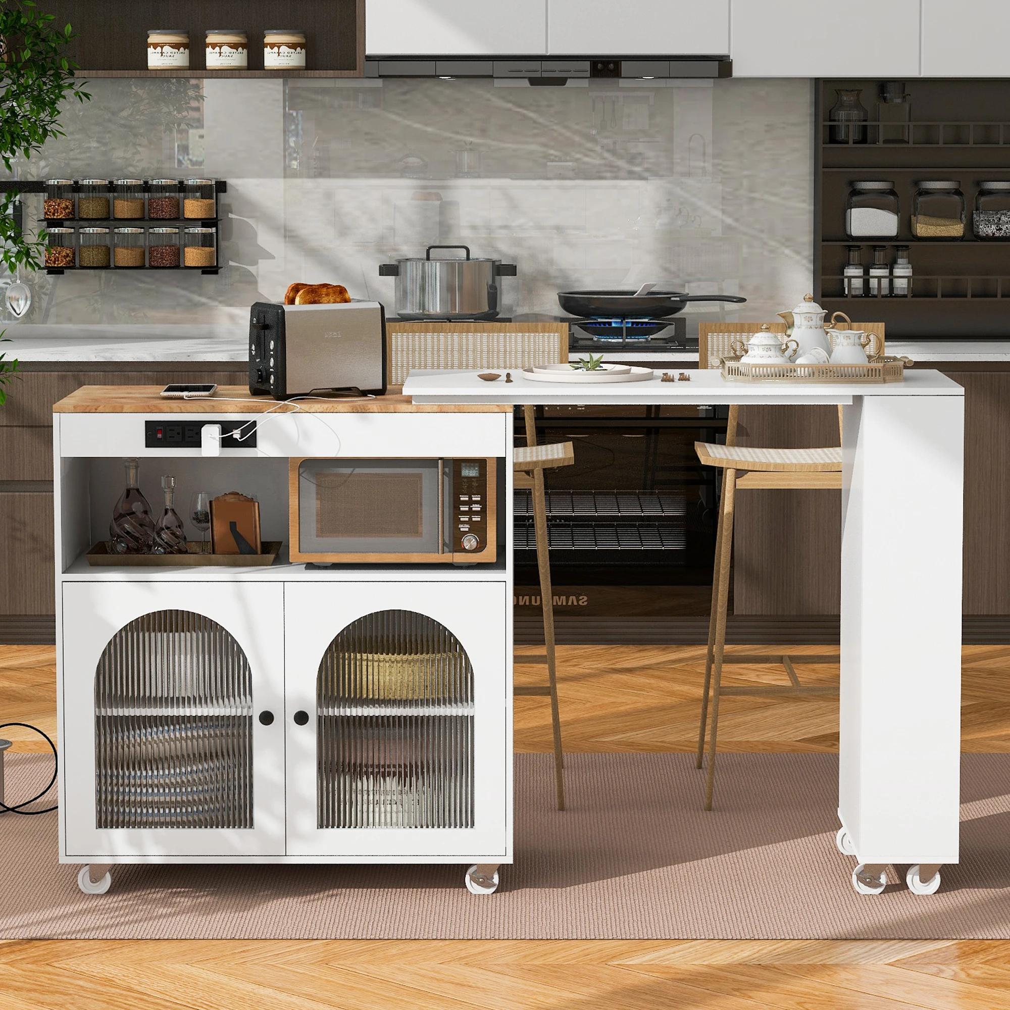 Îlot de cuisine roulant avec table arc-en-ciel, îlot de cuisine à roulettes avec lumières LED, prise
